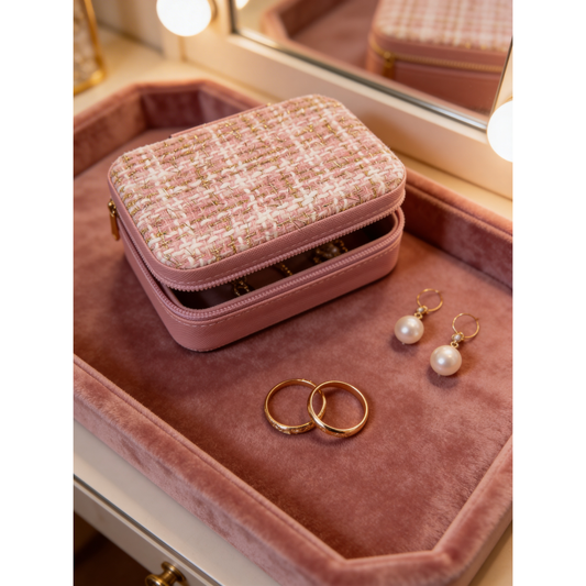 Quilted Travel Jewelry Organizer – Pink PU Leather Jewelry Box with Golden Threads