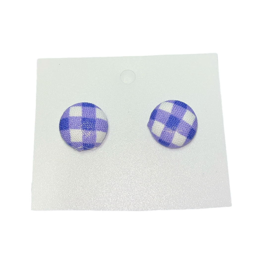 15mm Fabric Button Earring's - Purple Gingham