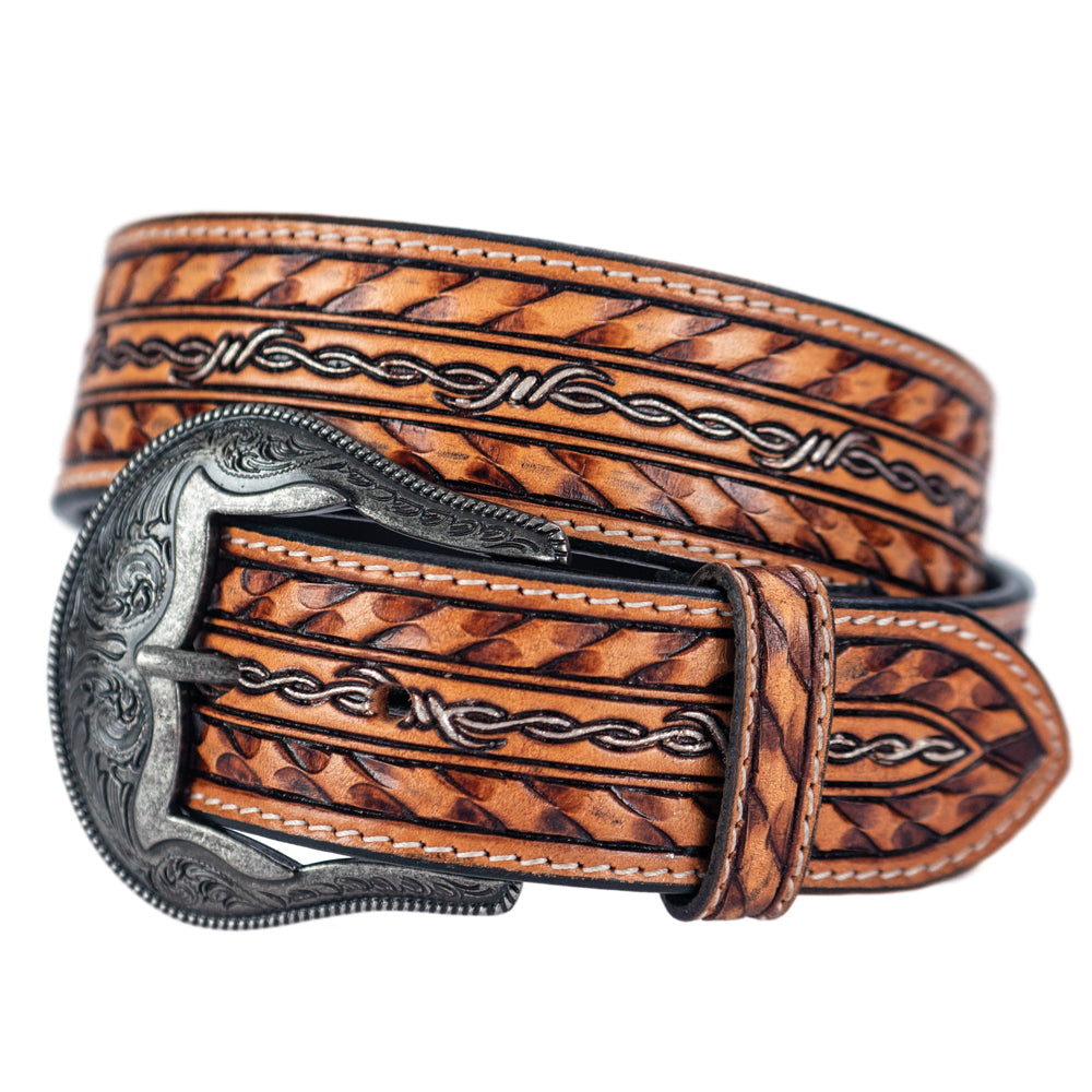 Boys Belt - Western Leather Brown Silver Barbed Wire Embossed