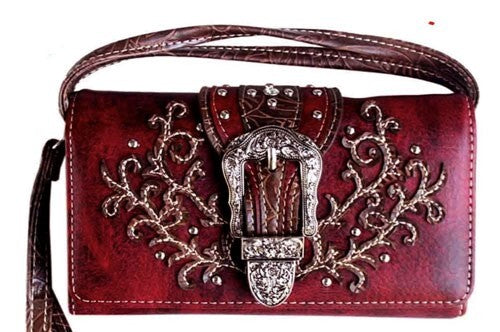 Ladies Western Red Faux Leather Clutch Purse with Studs & Buckle