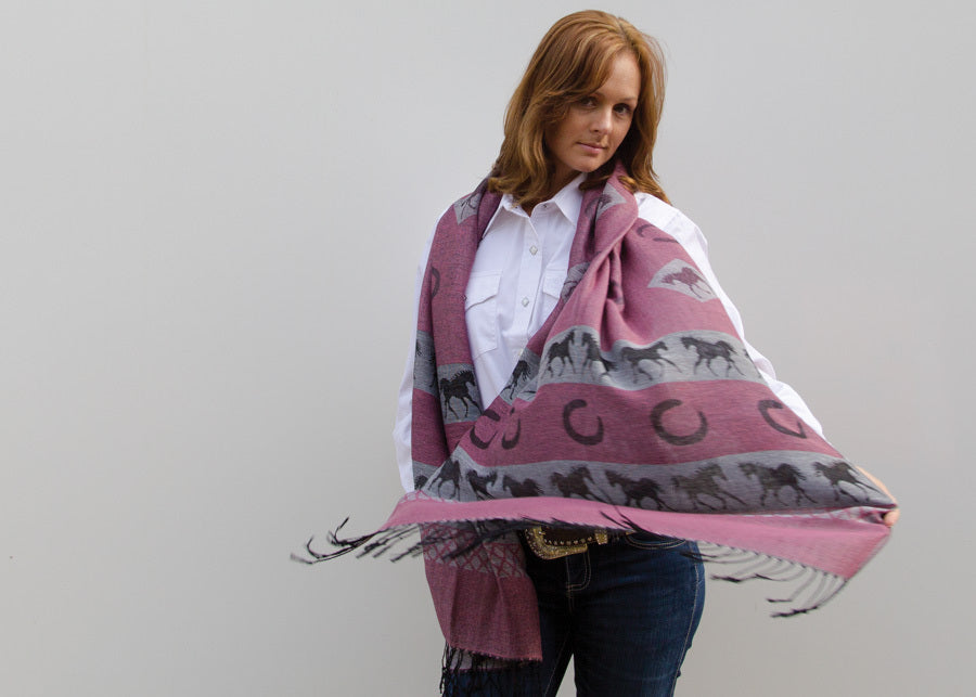 Pink & Black Pashmina & Silk Horse Scarf