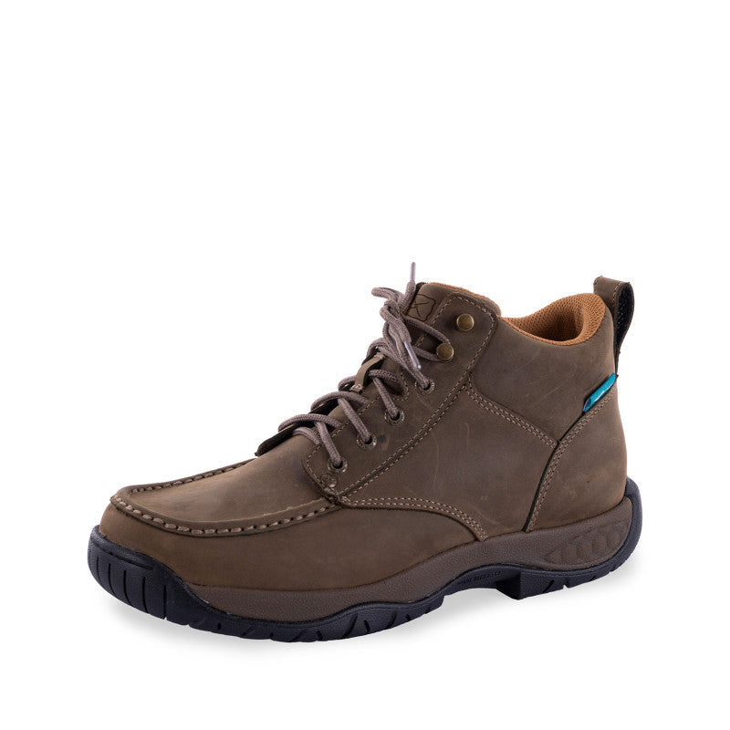 A brown Twisted X men's work boot with a rubber outsole and a lace-up closure.