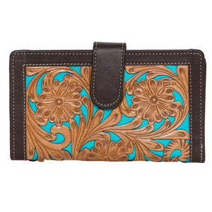 Tooling Leather Carved Clutch Wallet with Turquoise Base