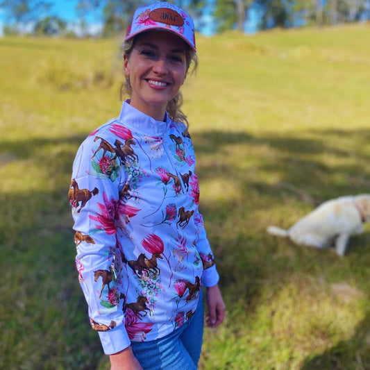 Pure Dust  Ladies Equestrian Shirt 'Petals & Ponies' with white collar.