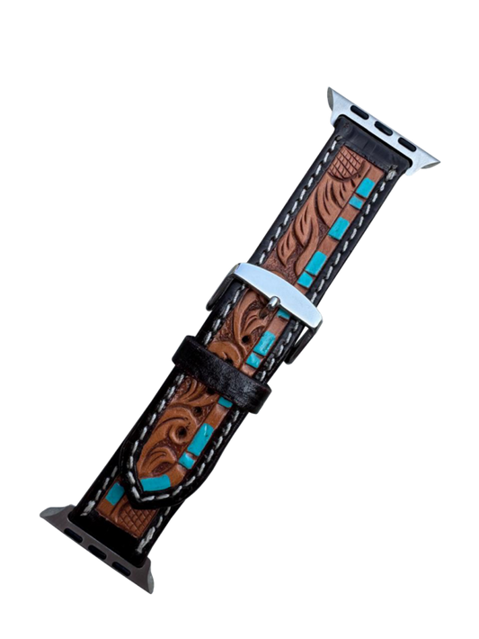 Tooling Leather Apple Watch Strap with Turquoise Detail