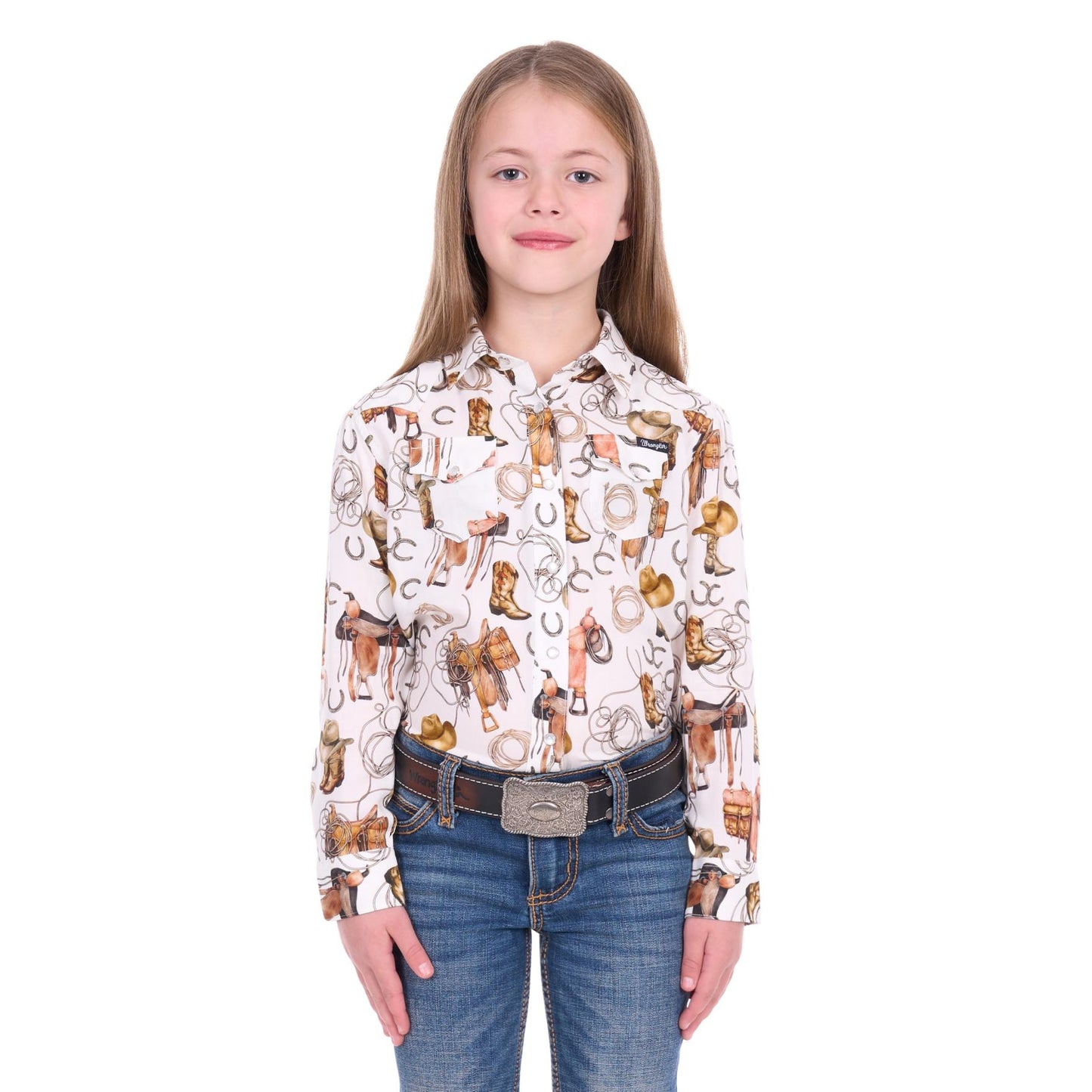 Wrangler Girl’s Marilyn Print Western Logo Long Sleeve Shirt