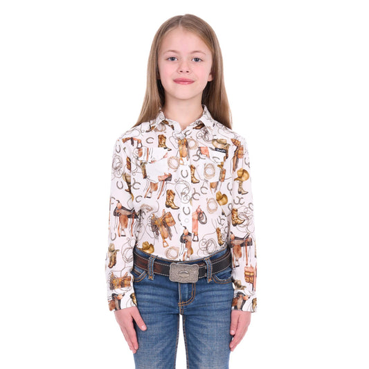Wrangler Girl’s Marilyn Print Western Logo Long Sleeve Shirt