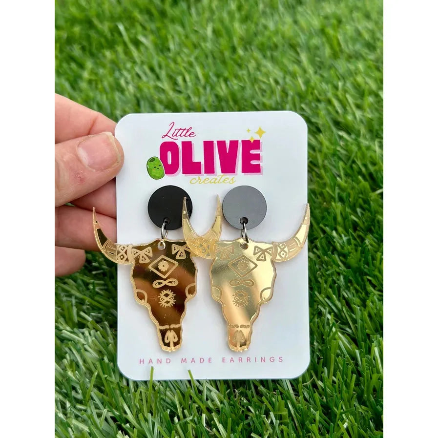 Gold Etched Bull Skull Mirror Dangle Earrings