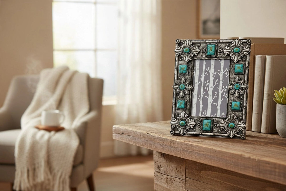 Resin Metal Concho & Turquoise Stones Picture Frame – 6” x 4”