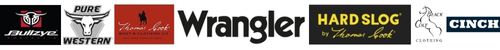Logos of Bullzye, Pure Western, Thomas Cook, Wrangler, Hard Slog, Black Colt Clothing and Cinch