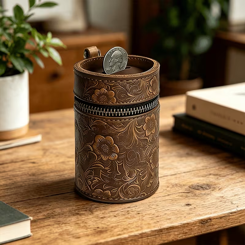 Handcrafted Top-Grain Leather Penny Bank – Coffee Brown