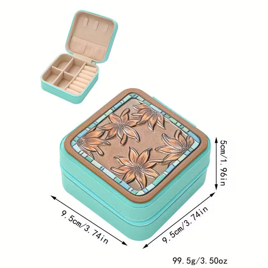 Boho Floral Jewelry Organizer Box – Turquoise Travel Case