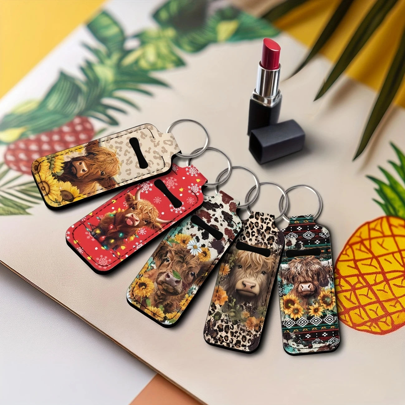 Leopard & Sunflower & Highland Cow Print Lipstick Holder Keychain