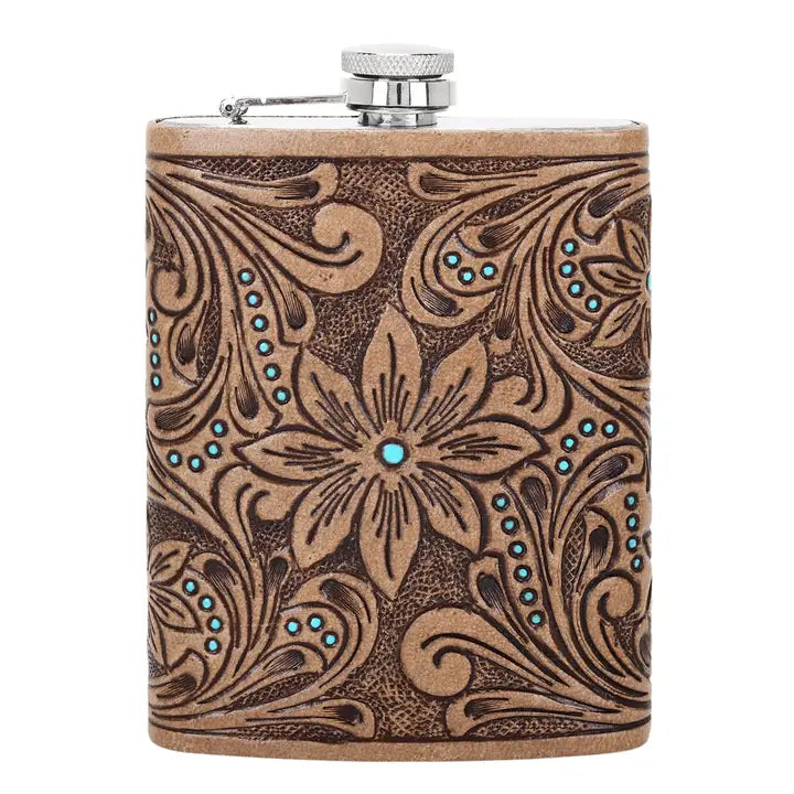 Mountain Trail Flask – Tan with Hand Tooled Leather & Turquoise, 8oz