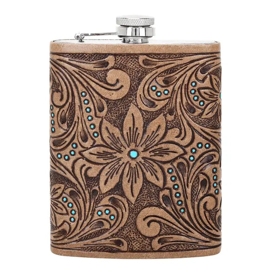 Mountain Trail Flask – Tan with Hand Tooled Leather & Turquoise, 8oz