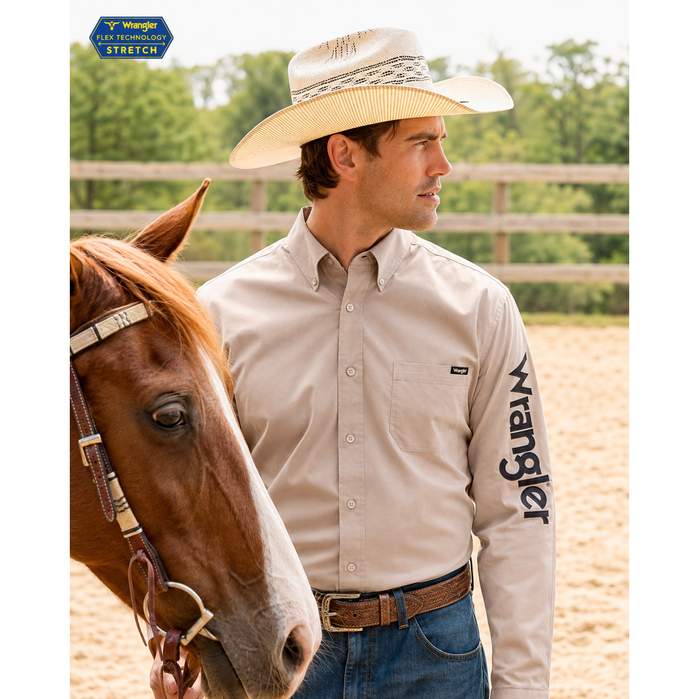 Wrangler Men’s Flex Tech Logo 1-Pocket Button Down Long Sleeve Shirt