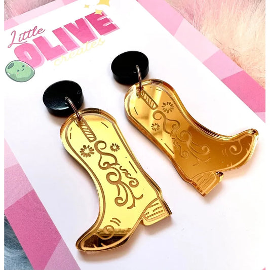 Gold Mirror Cowboy Boots Dangle Earrings Western Glamour: Large