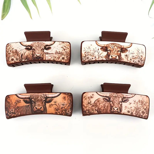 🌸 Vintage Cowboy Style Floral Yak Print Hair Claw Clips – PU Leather