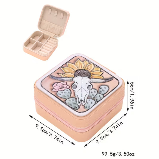 Boho Western Jewelry Organizer Box – Sunflower & Steer Skull Design