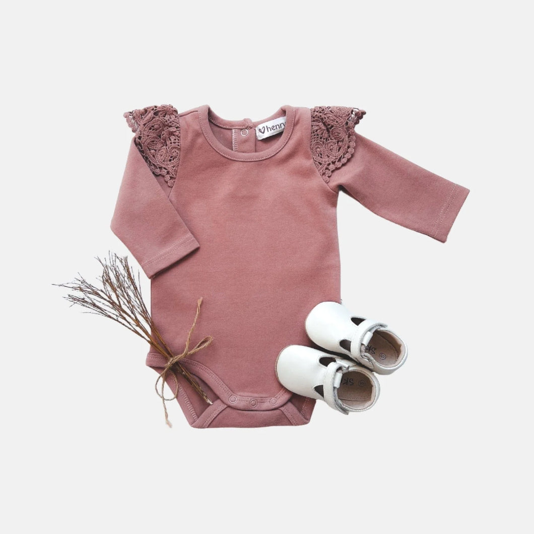 Baby Girls Lace Sleeve Onesie - Pink Rust