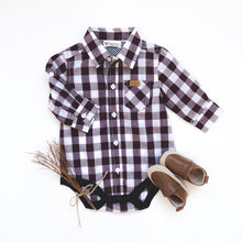 Load image into Gallery viewer, Baby Boys Dress Shirt Romper - Large Maroon Check
