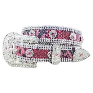 Pink & Black Leather Belt with Clear Stone Trim