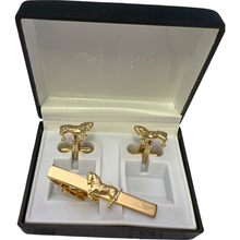 Load image into Gallery viewer, Horse Cuff Link &amp; Tie Clip Set Gold
