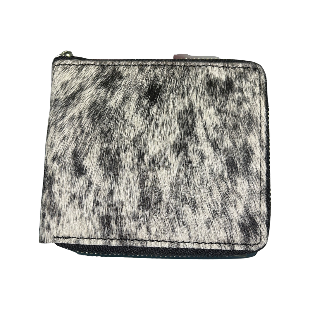 Small Cowhide Zippered Unisex Wallet - Black / White