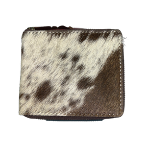 Small Cowhide Zippered Unisex Wallet - Brown / White