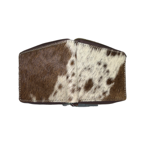 Small Cowhide Zippered Unisex Wallet - Brown / White